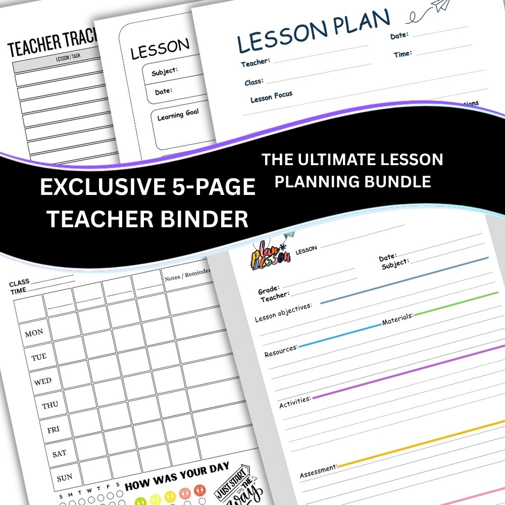 Exclusive 5 Page Teacher Planner Pack preview showing printable customizable layouts and lesson planning binder templates for classroom organization.