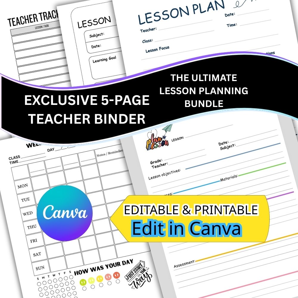 Ultimate Teacher Binder Bundle PDF preview showing printable weekly lesson plans, classroom organization packet, and academic attendance trackers for school year.