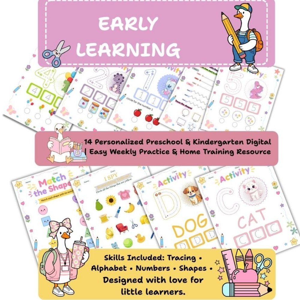 Preschool Early Learning Activity Pack preview showing printable alphabet tracing, number counting, and geometry shape recognition sheets for kids.