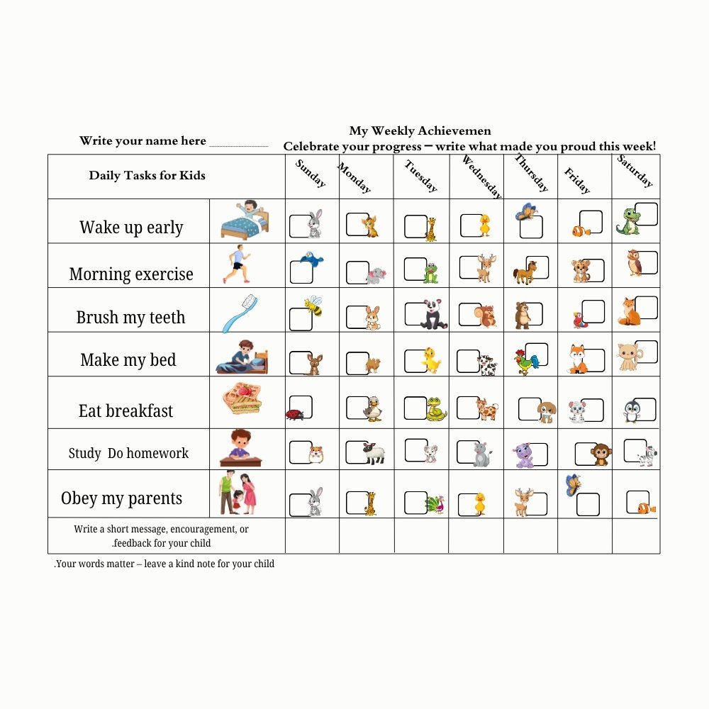 Toddler chore chart printable with visual daily routine and animal illustrations