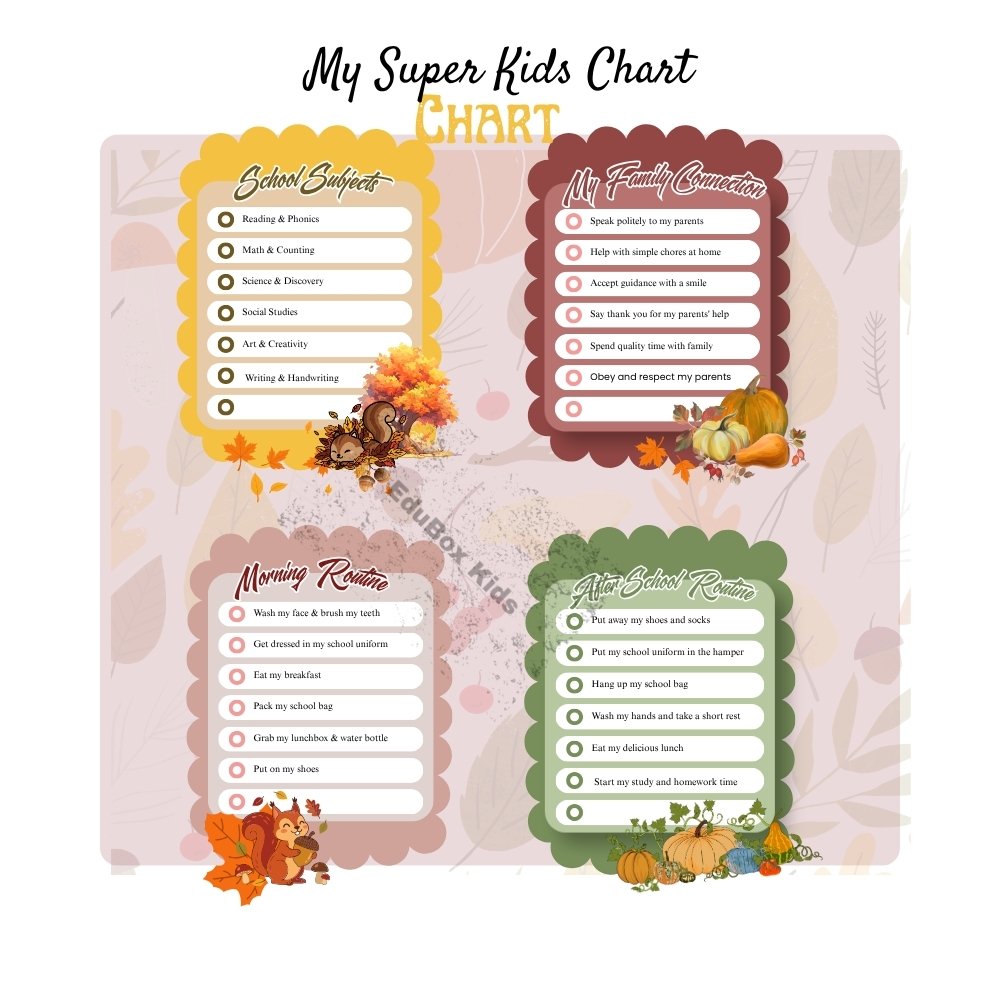 Autumn kids printable schedule and fall visual routine chart for daily chores
