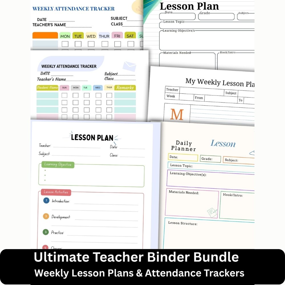 Ultimate Teacher Binder Bundle PDF preview showing printable weekly lesson plans, classroom organization packet, and academic attendance trackers for 2026-2027 school year.
