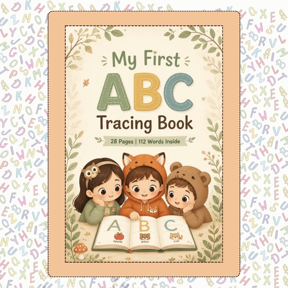 Alphabet tracing book pages with cartoon illustrations for kids handwriting practice worksheets