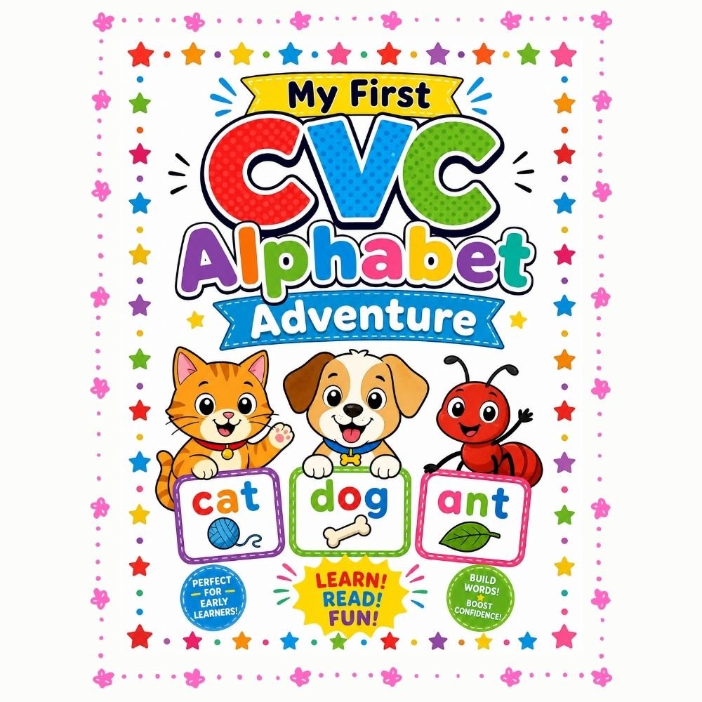 Preview cover image of My First CVC Alphabet Adventure workbook showing colorful letters and cartoon illustrations.