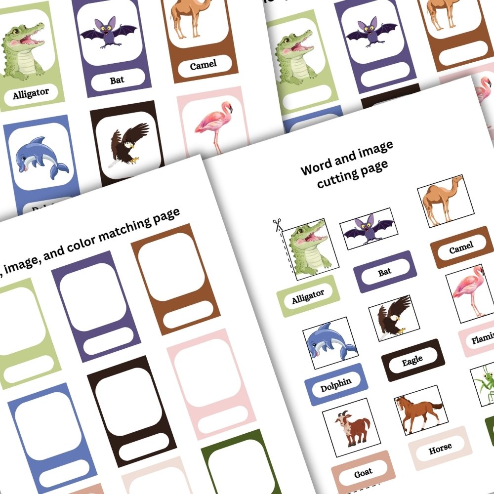 Animal flashcards matching game and preschool color sorting worksheets preview for toddlers