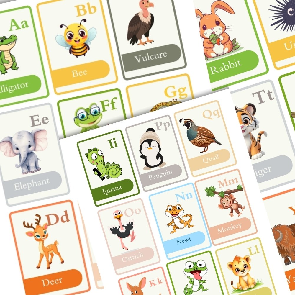 Printable animal alphabet flashcards and ABC learning cards pack preview for toddlers and preschool